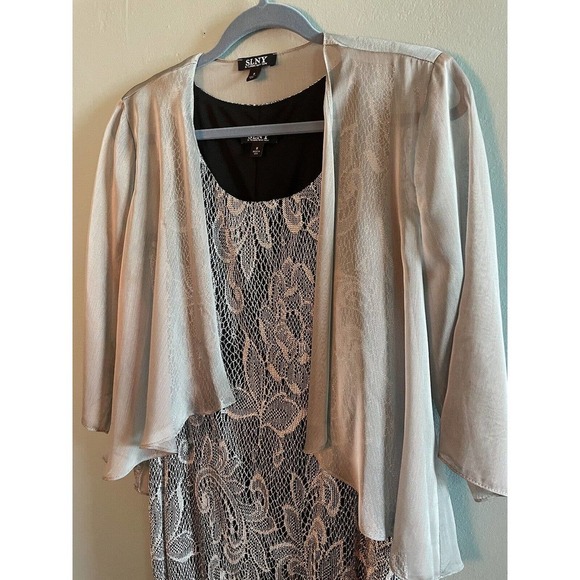 SLNY Black Metallic Silver Floral Lace Fringe FLAPPER MIDI Dress Sz 8 - Picture 2 of 8